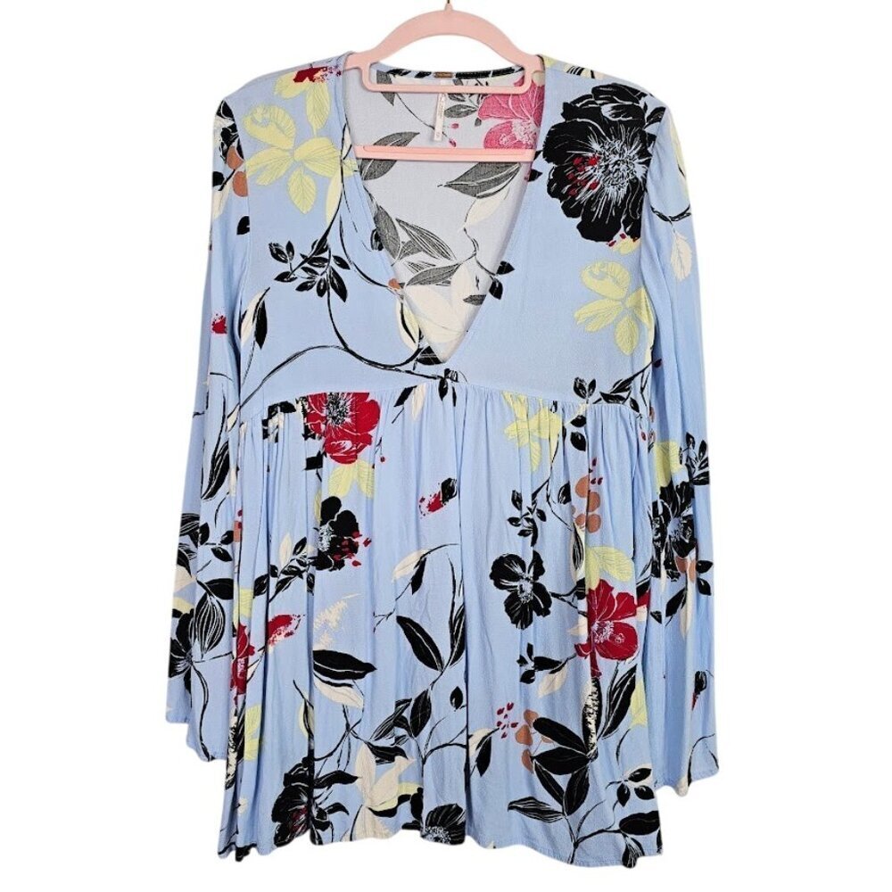 Women's FREE PEOPLE Bella Tunic Top size XS BLUE BLACK YELLOW RED Floral Boho - Picture 1 of 7